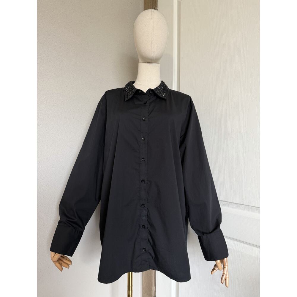 Chico’s Size 3.5 US 18 Tonal Jewels Poplin Shirt Black Embellished Collar Top - Picture 3 of 16